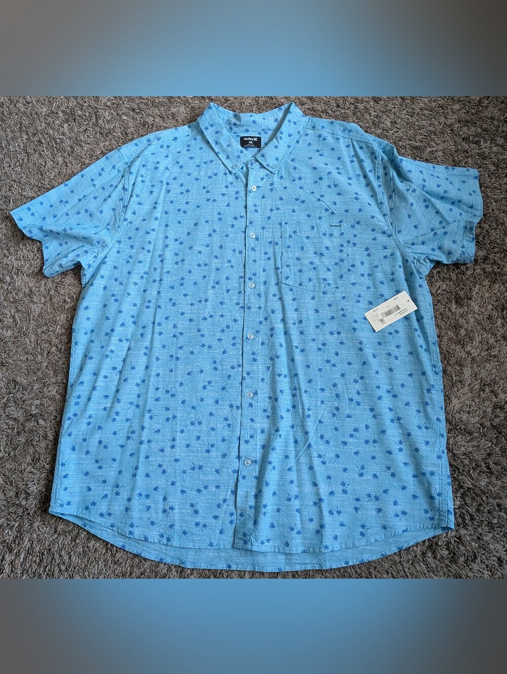 NWT Hurley Blue Palm Trees AOP Cotton Short Sleeve Button Up Shirt Men's XXL